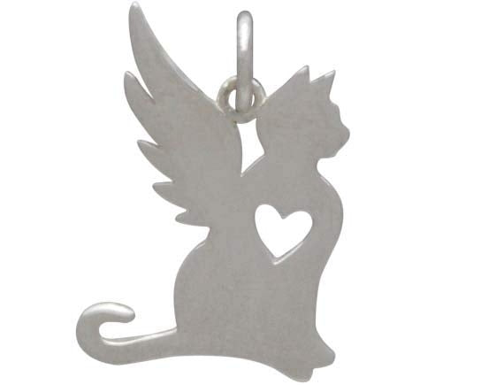Sterling Silver Angel Cat Charm - Poppies Beads n' More