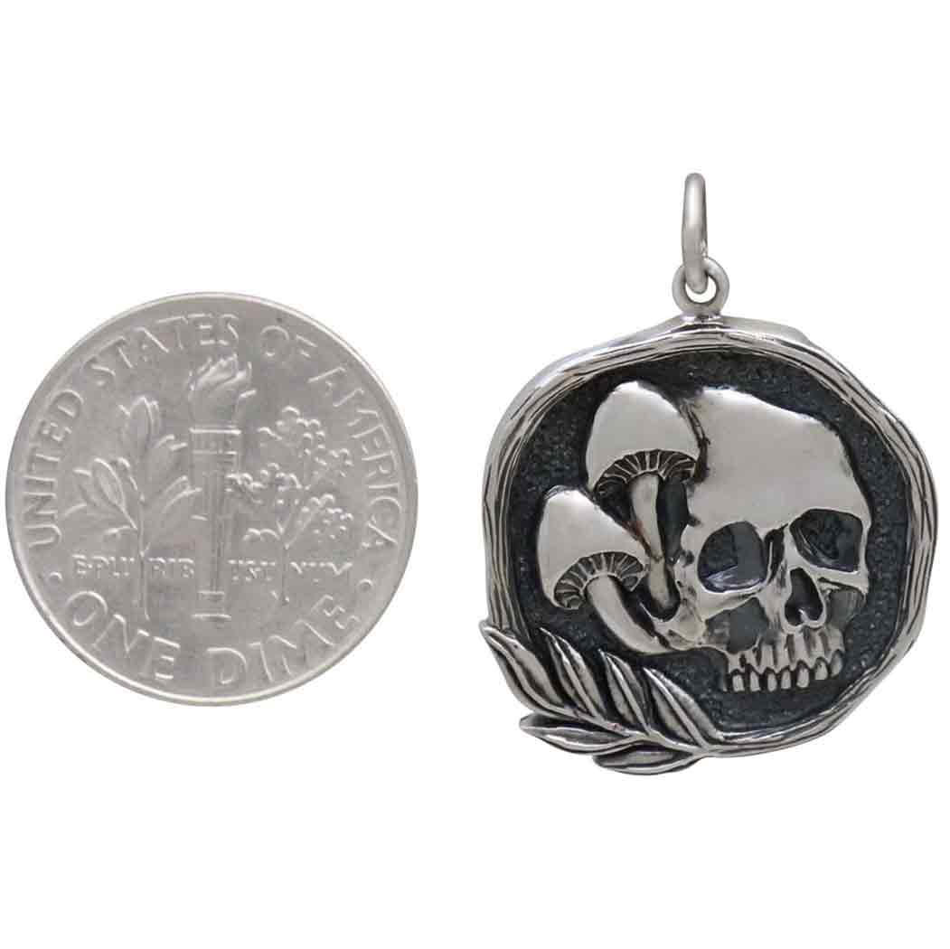 Sterling Silver Skull with Mushrooms Pendant - Poppies Beads n' More