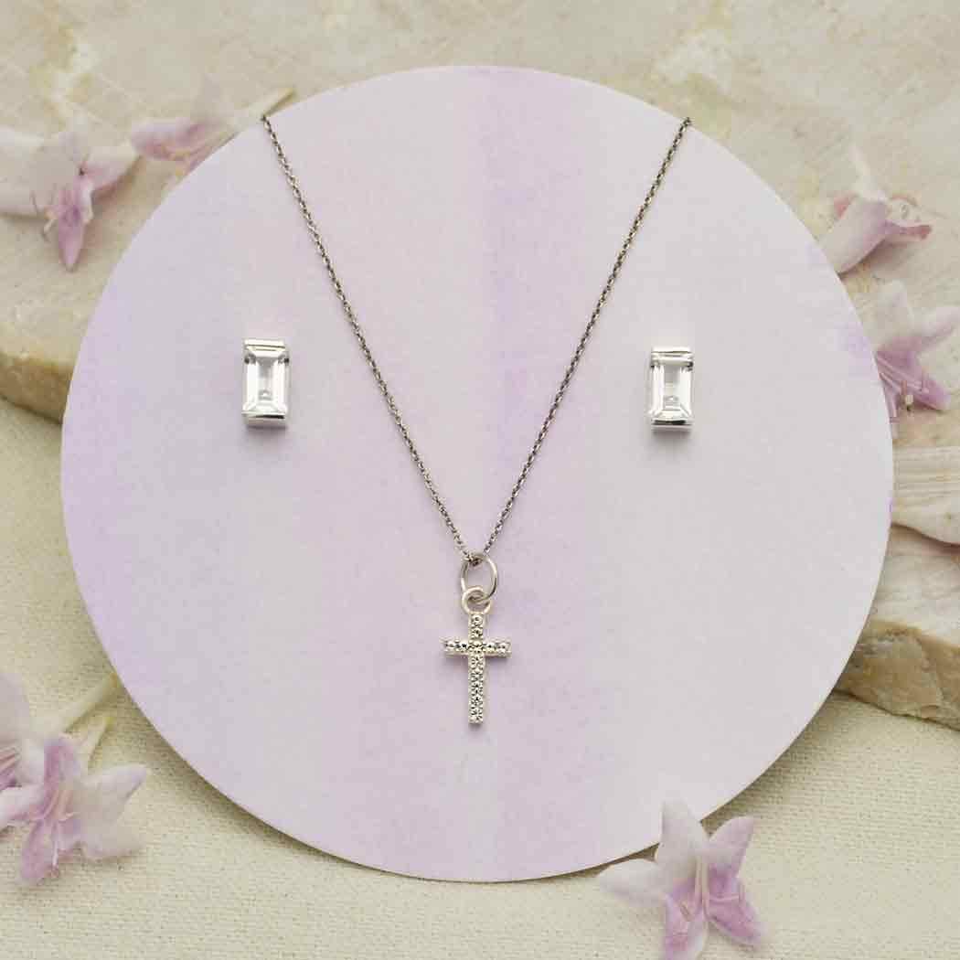 Sterling Silver Cross Charm with Clear Nano Gems - Poppies Beads n' More