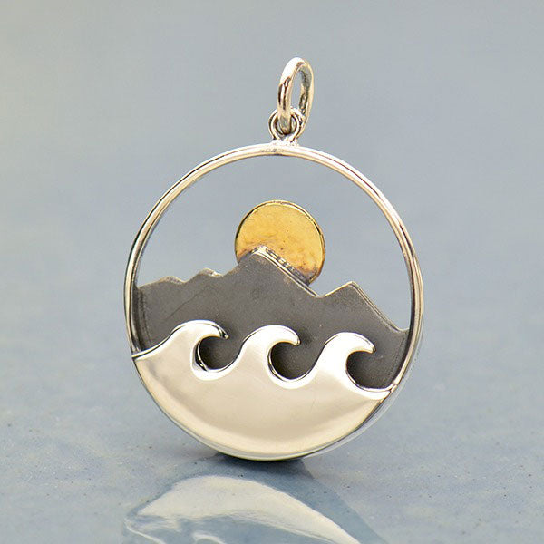 Large Silver Mountain and Ocean Pendant with Bronze Sun - Poppies Beads n' More