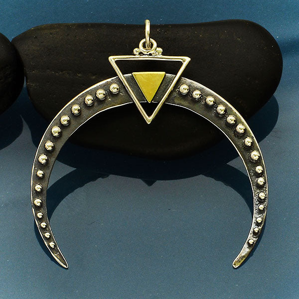 Silver Crescent Moon Pendant with Bronze Triangle - Poppies Beads n' More