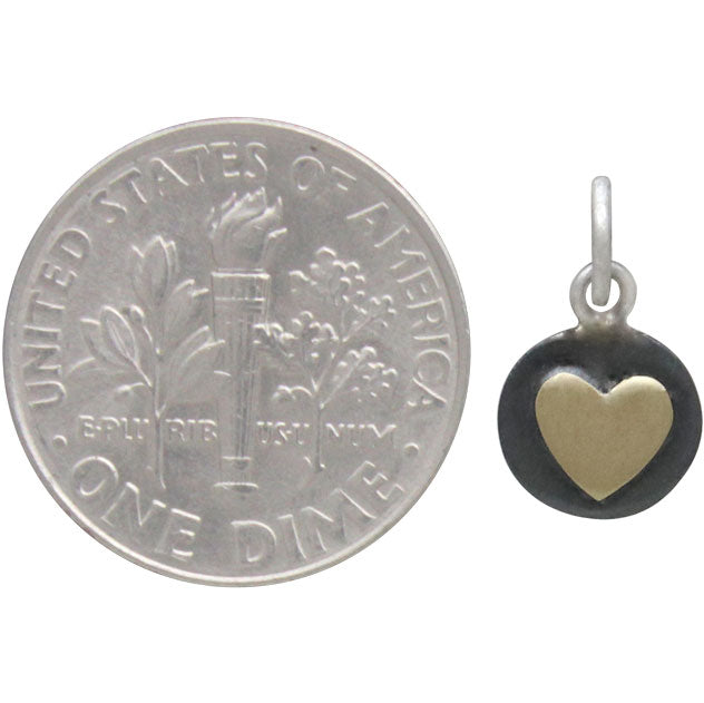 Sterling Silver Oxidized Disk Charm with Bronze Heart - Poppies Beads n' More