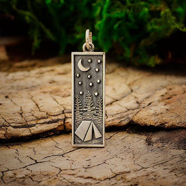Sterling Silver Rectangle Camping Charm with Tent - Poppies Beads n' More