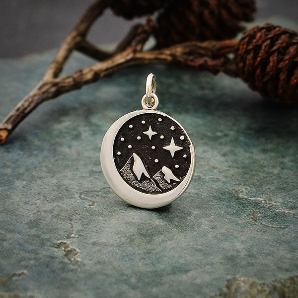 Sterling Silver Snow Cap Mountain Charm with Moon - Poppies Beads n' More