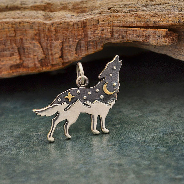 Sterling Silver Wolf Charm with Bronze Star and Moon - Poppies Beads n' More