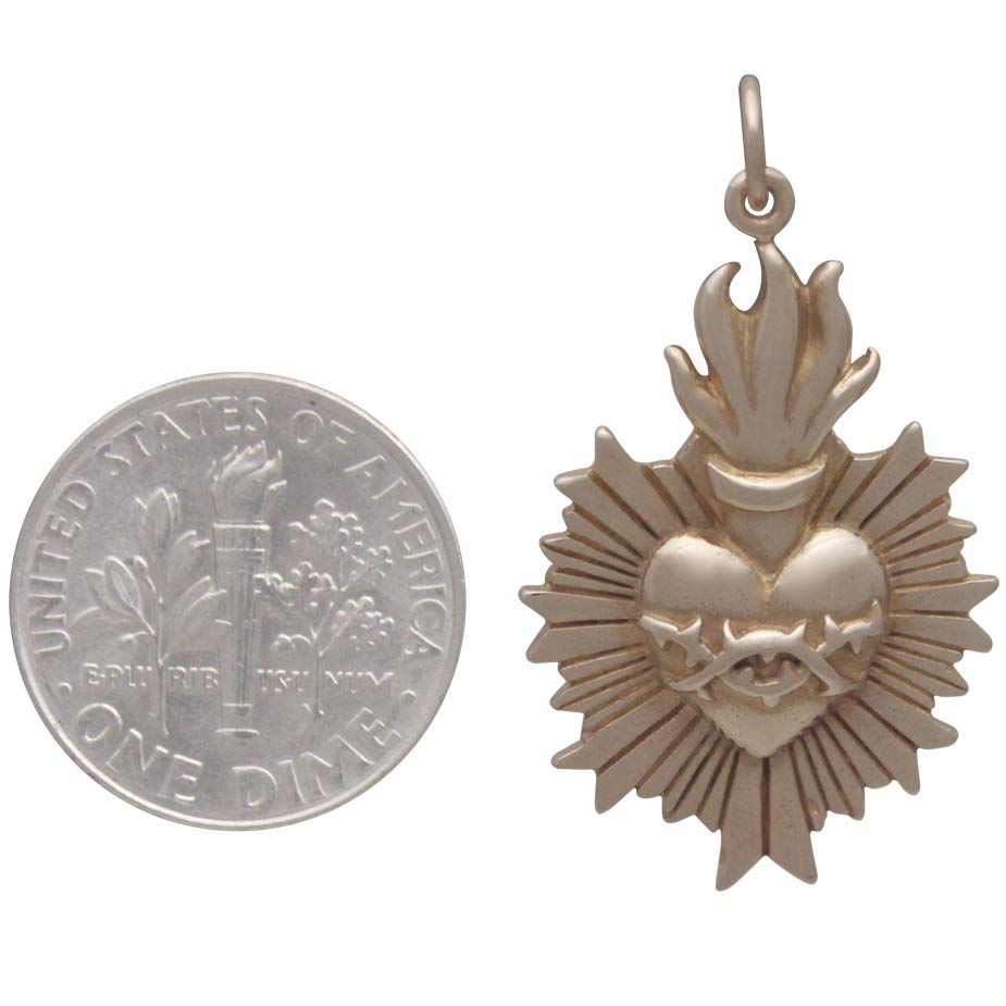Bronze Flaming Sacred Heart Pendant with Thorns - Poppies Beads n' More