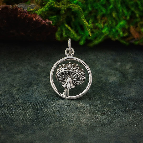 Sterling Silver Agaric Mushroom Charm in Circle - Poppies Beads n' More