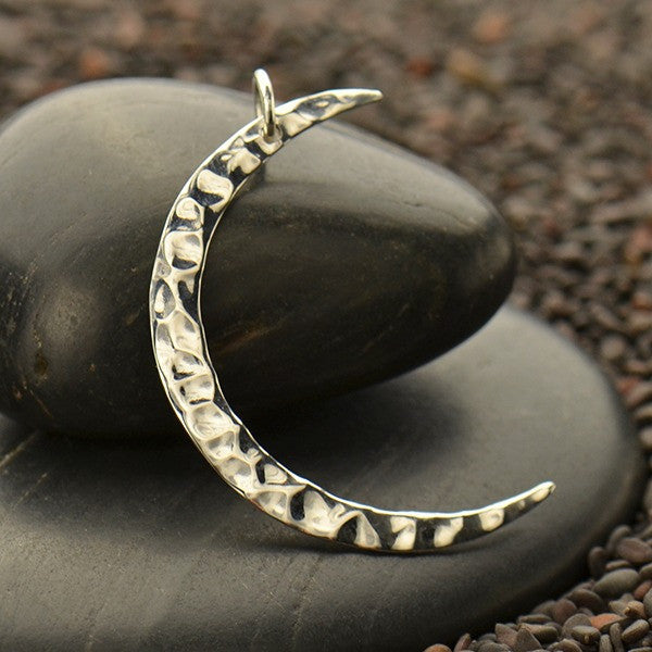 Large Sterling Silver Hammered Crescent Moon Charm - Poppies Beads n' More